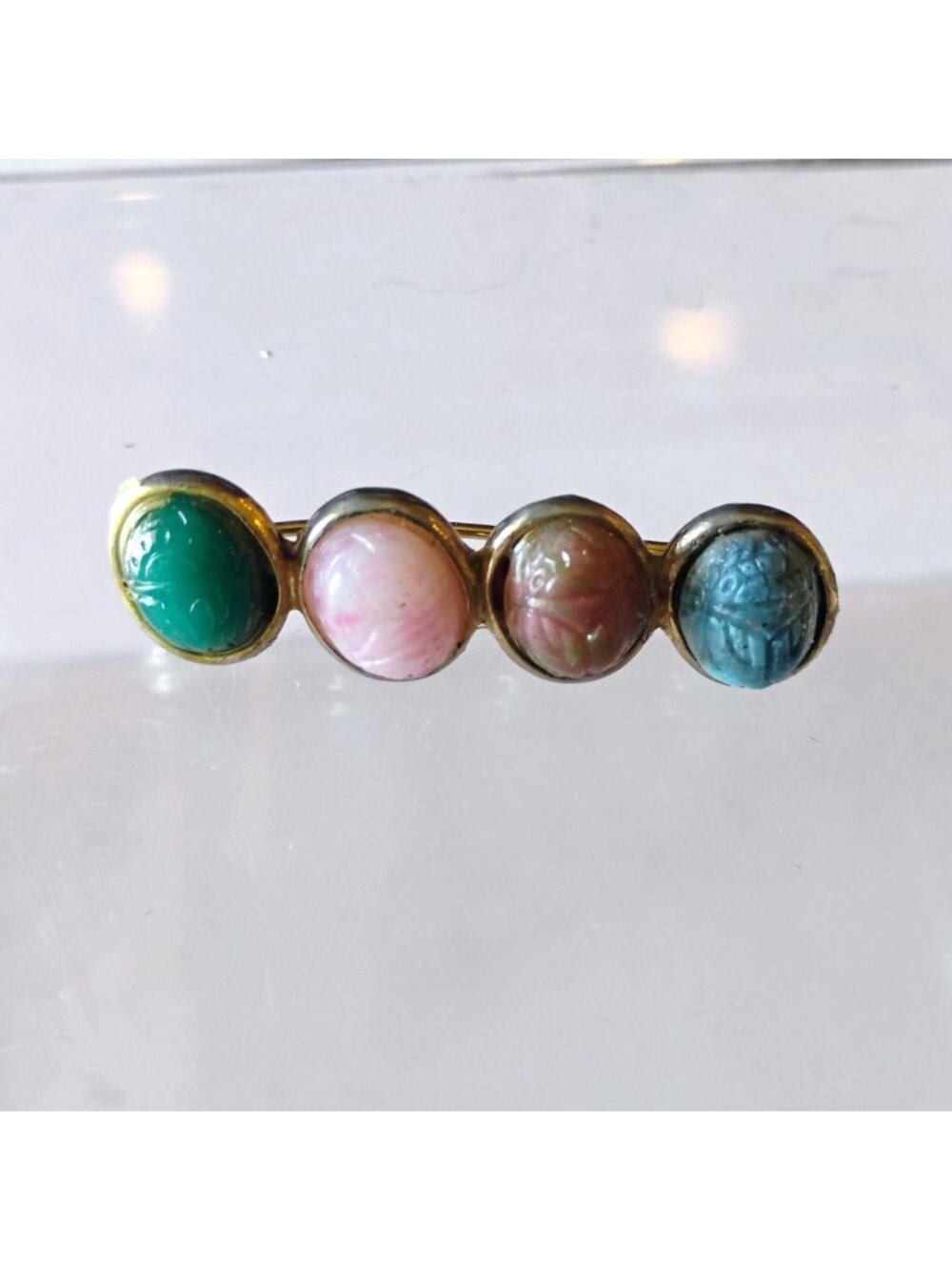 Vintage Egyptian Revival Scarab Beetle Bar Brooch Gold Tone 1 5/8" Long